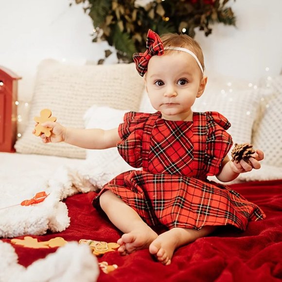 Plaid Tartan Christmas Girl Outfit Clothes Christmas Girl Dress Romper - Picture 8 of 15
